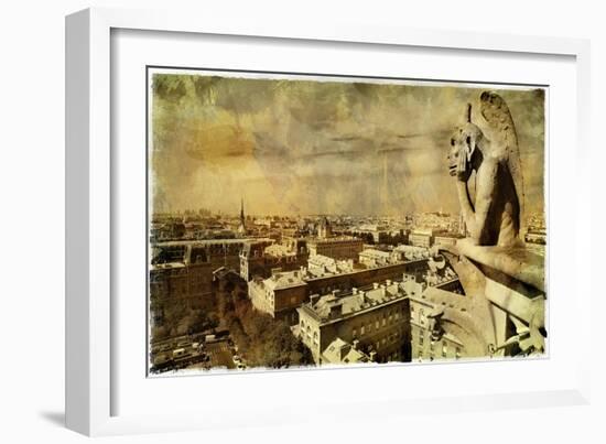 Old Notre Dame- View On Paris - Vintage Card-Maugli-l-Framed Art Print