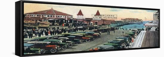 Old Orchard Beach, Maine - Crowds and Parked Cars Near Pier Scene-Lantern Press-Framed Stretched Canvas