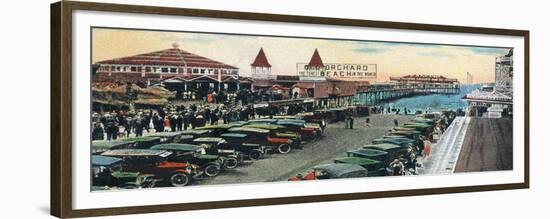 Old Orchard Beach, Maine - Crowds and Parked Cars Near Pier Scene-Lantern Press-Framed Premium Giclee Print