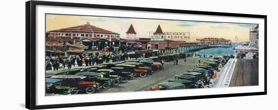 Old Orchard Beach, Maine - Crowds and Parked Cars Near Pier Scene-Lantern Press-Framed Premium Giclee Print