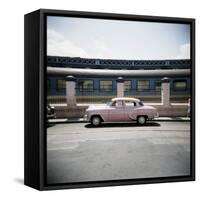 Old Pink American Car Outside Railway Station, Havana, Cuba, West Indies, Central America-Lee Frost-Framed Stretched Canvas