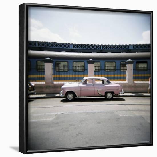 Old Pink American Car Outside Railway Station, Havana, Cuba, West Indies, Central America-Lee Frost-Framed Photographic Print