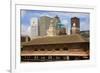 Old Railroad Station framing view of Des Moines skyline, capital of Iowa-null-Framed Photographic Print