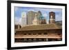 Old Railroad Station framing view of Des Moines skyline, capital of Iowa-null-Framed Photographic Print