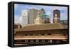 Old Railroad Station framing view of Des Moines skyline, capital of Iowa-null-Framed Stretched Canvas