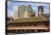 Old Railroad Station framing view of Des Moines skyline, capital of Iowa-null-Framed Stretched Canvas