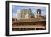 Old Railroad Station framing view of Des Moines skyline, capital of Iowa-null-Framed Photographic Print