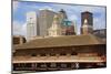 Old Railroad Station framing view of Des Moines skyline, capital of Iowa-null-Mounted Photographic Print