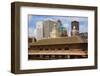 Old Railroad Station framing view of Des Moines skyline, capital of Iowa-null-Framed Photographic Print