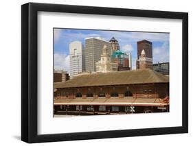 Old Railroad Station framing view of Des Moines skyline, capital of Iowa-null-Framed Photographic Print