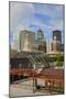 Old Railroad Station framing view of Des Moines skyline, capital of Iowa-null-Mounted Photographic Print