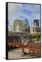 Old Railroad Station framing view of Des Moines skyline, capital of Iowa-null-Framed Stretched Canvas