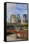 Old Railroad Station framing view of Des Moines skyline, capital of Iowa-null-Framed Stretched Canvas