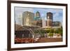 Old Railroad Station framing view of Des Moines skyline, capital of Iowa-null-Framed Photographic Print