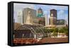 Old Railroad Station framing view of Des Moines skyline, capital of Iowa-null-Framed Stretched Canvas