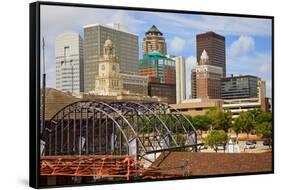Old Railroad Station framing view of Des Moines skyline, capital of Iowa-null-Framed Stretched Canvas