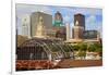 Old Railroad Station framing view of Des Moines skyline, capital of Iowa-null-Framed Photographic Print