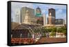 Old Railroad Station framing view of Des Moines skyline, capital of Iowa-null-Framed Stretched Canvas