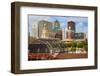 Old Railroad Station framing view of Des Moines skyline, capital of Iowa-null-Framed Photographic Print