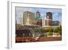 Old Railroad Station framing view of Des Moines skyline, capital of Iowa-null-Framed Photographic Print