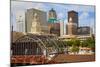 Old Railroad Station framing view of Des Moines skyline, capital of Iowa-null-Mounted Photographic Print