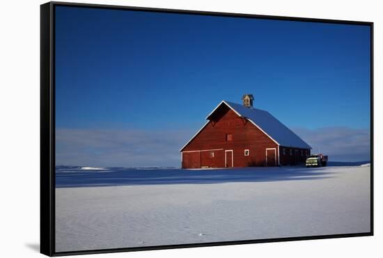 Old Red Barn and Truck after Snow Storm-Terry Eggers-Framed Stretched Canvas
