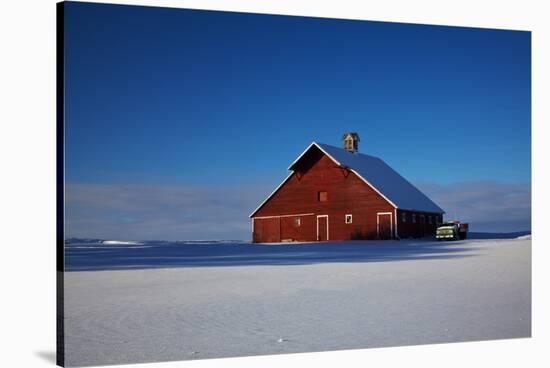 Old Red Barn and Truck after Snow Storm-Terry Eggers-Stretched Canvas