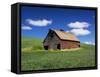 Old Red Barn in a Field of Spring Wheat-Terry Eggers-Framed Stretched Canvas