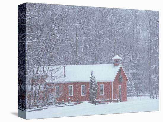 Old Red Schoolhouse and Forest in Snowfall at Christmastime, Michigan, USA-Mark Carlson-Stretched Canvas