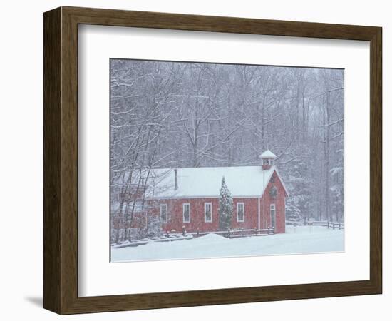 Old Red Schoolhouse and Forest in Snowfall at Christmastime, Michigan, USA-Mark Carlson-Framed Photographic Print