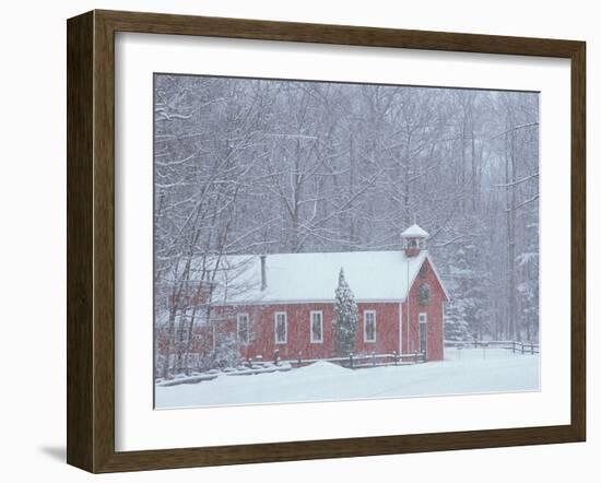 Old Red Schoolhouse and Forest in Snowfall at Christmastime, Michigan, USA-Mark Carlson-Framed Photographic Print