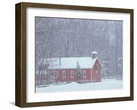 Old Red Schoolhouse and Forest in Snowfall at Christmastime, Michigan, USA-Mark Carlson-Framed Photographic Print