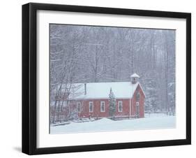 Old Red Schoolhouse and Forest in Snowfall at Christmastime, Michigan, USA-Mark Carlson-Framed Photographic Print