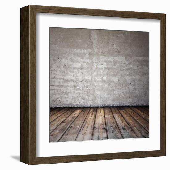 Old Room with Concrete Wall and Wooden Floor-Vlntn-Framed Art Print