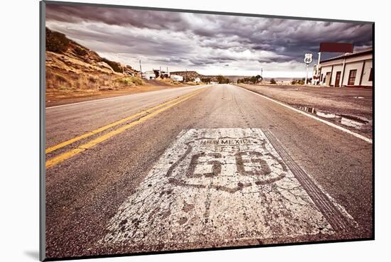 Old Route 66 Shield on Road-null-Mounted Art Print