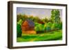 Old Rustic House Rural Painting with Oil. Summer Country Landscape, Sunny Green Trees, Flowering Gr-Valery Rybakow-Framed Art Print