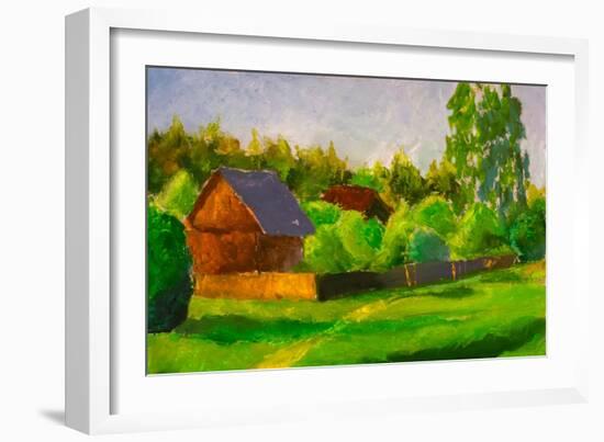 Old Rustic House Rural Painting with Oil. Summer Country Landscape, Sunny Green Trees, Flowering Gr-Valery Rybakow-Framed Art Print