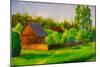 Old Rustic House Rural Painting with Oil. Summer Country Landscape, Sunny Green Trees, Flowering Gr-Valery Rybakow-Mounted Art Print
