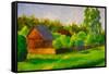 Old Rustic House Rural Painting with Oil. Summer Country Landscape, Sunny Green Trees, Flowering Gr-Valery Rybakow-Framed Stretched Canvas