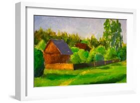 Old Rustic House Rural Painting with Oil. Summer Country Landscape, Sunny Green Trees, Flowering Gr-Valery Rybakow-Framed Premium Giclee Print