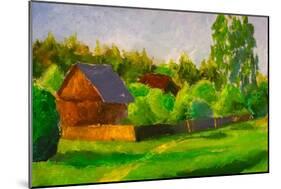 Old Rustic House Rural Painting with Oil. Summer Country Landscape, Sunny Green Trees, Flowering Gr-Valery Rybakow-Mounted Premium Giclee Print