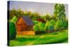 Old Rustic House Rural Painting with Oil. Summer Country Landscape, Sunny Green Trees, Flowering Gr-Valery Rybakow-Stretched Canvas