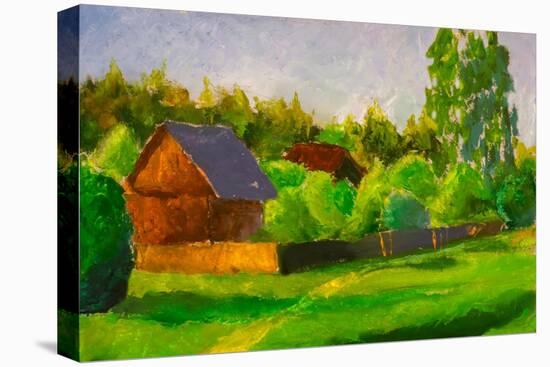 Old Rustic House Rural Painting with Oil. Summer Country Landscape, Sunny Green Trees, Flowering Gr-Valery Rybakow-Stretched Canvas