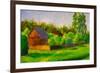 Old Rustic House Rural Painting with Oil. Summer Country Landscape, Sunny Green Trees, Flowering Gr-Valery Rybakow-Framed Art Print