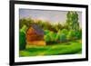 Old Rustic House Rural Painting with Oil. Summer Country Landscape, Sunny Green Trees, Flowering Gr-Valery Rybakow-Framed Art Print