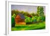 Old Rustic House Rural Painting with Oil. Summer Country Landscape, Sunny Green Trees, Flowering Gr-Valery Rybakow-Framed Art Print