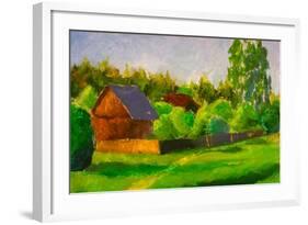 Old Rustic House Rural Painting with Oil. Summer Country Landscape, Sunny Green Trees, Flowering Gr-Valery Rybakow-Framed Art Print