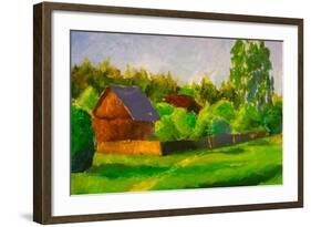 Old Rustic House Rural Painting with Oil. Summer Country Landscape, Sunny Green Trees, Flowering Gr-Valery Rybakow-Framed Art Print