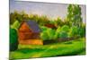 Old Rustic House Rural Painting with Oil. Summer Country Landscape, Sunny Green Trees, Flowering Gr-Valery Rybakow-Mounted Art Print