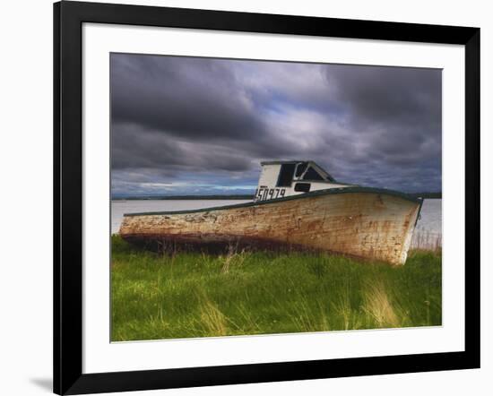 Old Rusty Lobster Boat on a Grassy Bank by the Ocean in Nova Scotia-Frances Gallogly-Framed Photographic Print